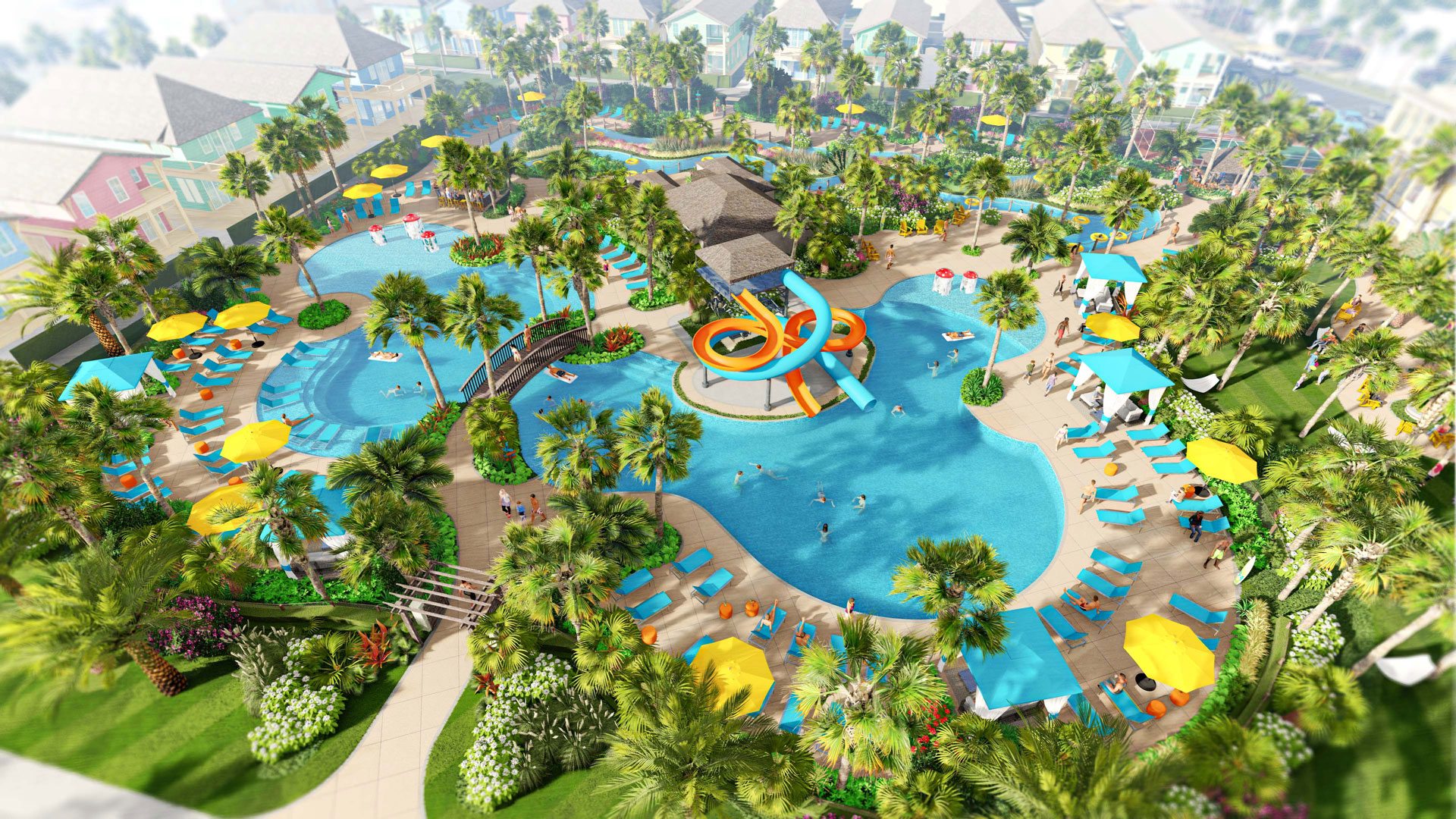 An aerial rendering of the Margaritaville Beach Cottage Resort pool.